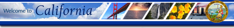 Welcome to California - images of Golden Gate Bridge, ocean sunset, waterfall, flowers, and city skyline.